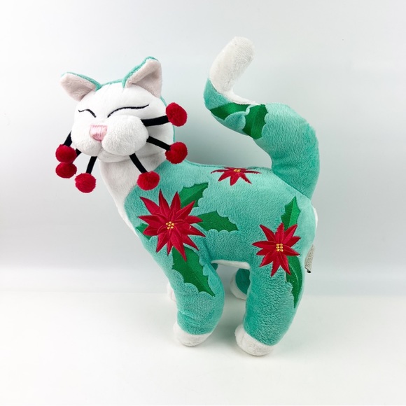 Vtg WhimsiClay Poinsettia Sea Blue White Cat Holiday Plush Lacombe Flower EUC - Picture 1 of 7